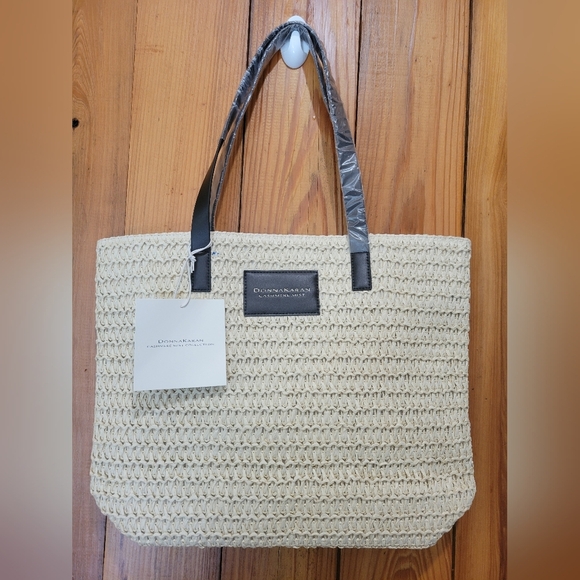 Donna Karan Woven Beige Tote with Black Handles - Picture 3 of 10